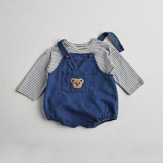 Teddy Bear Denim Jumpsuit with Striped Top Set - RYAN AND REMI