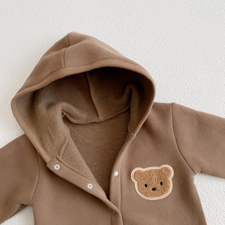 Bear Patch Hoodie Long Sleeve Button Up Romper - RYAN AND REMI