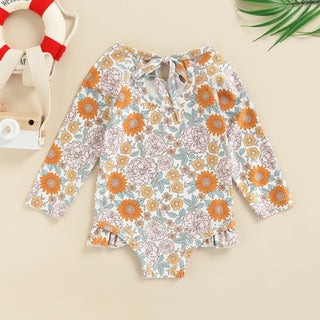 Baby Girls Heart Flower Print Long Sleeve Ruffle Bathing Swimsuit - RYAN AND REMI