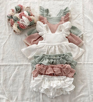 Vintage Sleeveless Criss-Cross Baby Girl Dress Set: Ruffles Dress + Lace Shorts - RYAN AND REMI