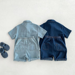 Solid Button Up Denim Shorts Set - RYAN AND REMI