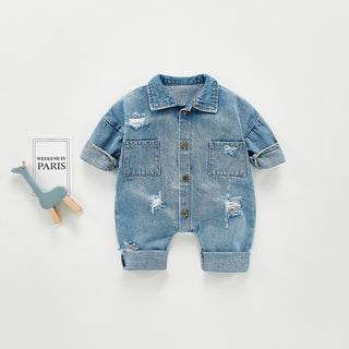 Distress Denim Jumpsuit Long Sleeve Overalls Romper - RYAN AND REMI