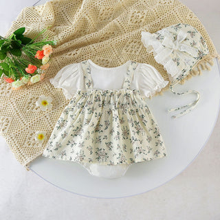 3 Pcs Floral Vintage Romper With Hat Set - RYAN AND REMI