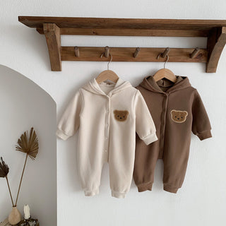 Bear Patch Hoodie Long Sleeve Button Up Romper - RYAN AND REMI