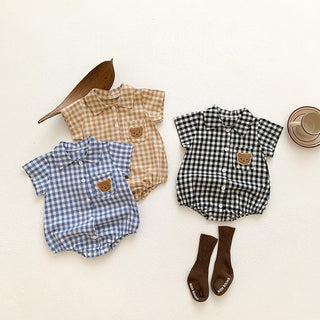 Boys Plaid Bear Patch Bodysuit - RYAN AND REMI