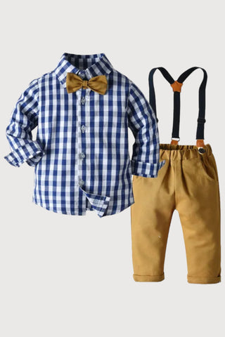 Long Sleeve Bow Tie Suspender Pants Set - RYAN AND REMI