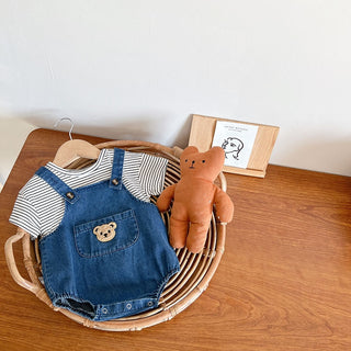 Teddy Bear Denim Jumpsuit with Striped Top Set - RYAN AND REMI