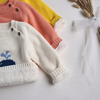 Fur Lining Embroidered Whale Sweater - RYAN AND REMI