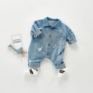 Distress Denim Jumpsuit Long Sleeve Overalls Romper - RYAN AND REMI