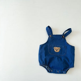 Teddy Bear Denim Jumpsuit with Striped Top Set - RYAN AND REMI