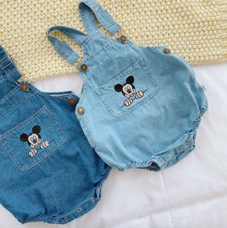 Retro Denim Embroidery Mouse Overall Romper - RYAN AND REMI